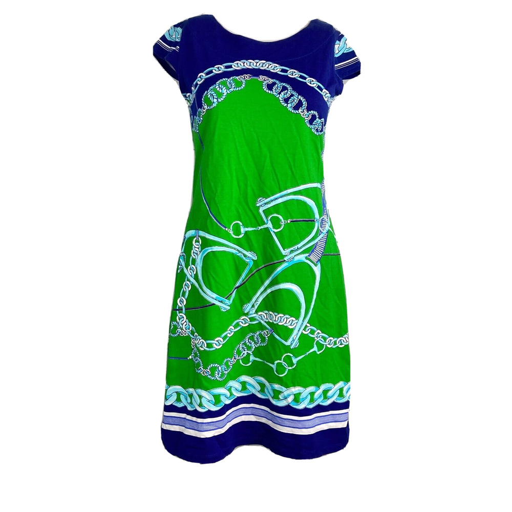 NWT Barbara‎ Erickson Dress Womens Sz XS Green Navy Chain Equestrian Shift